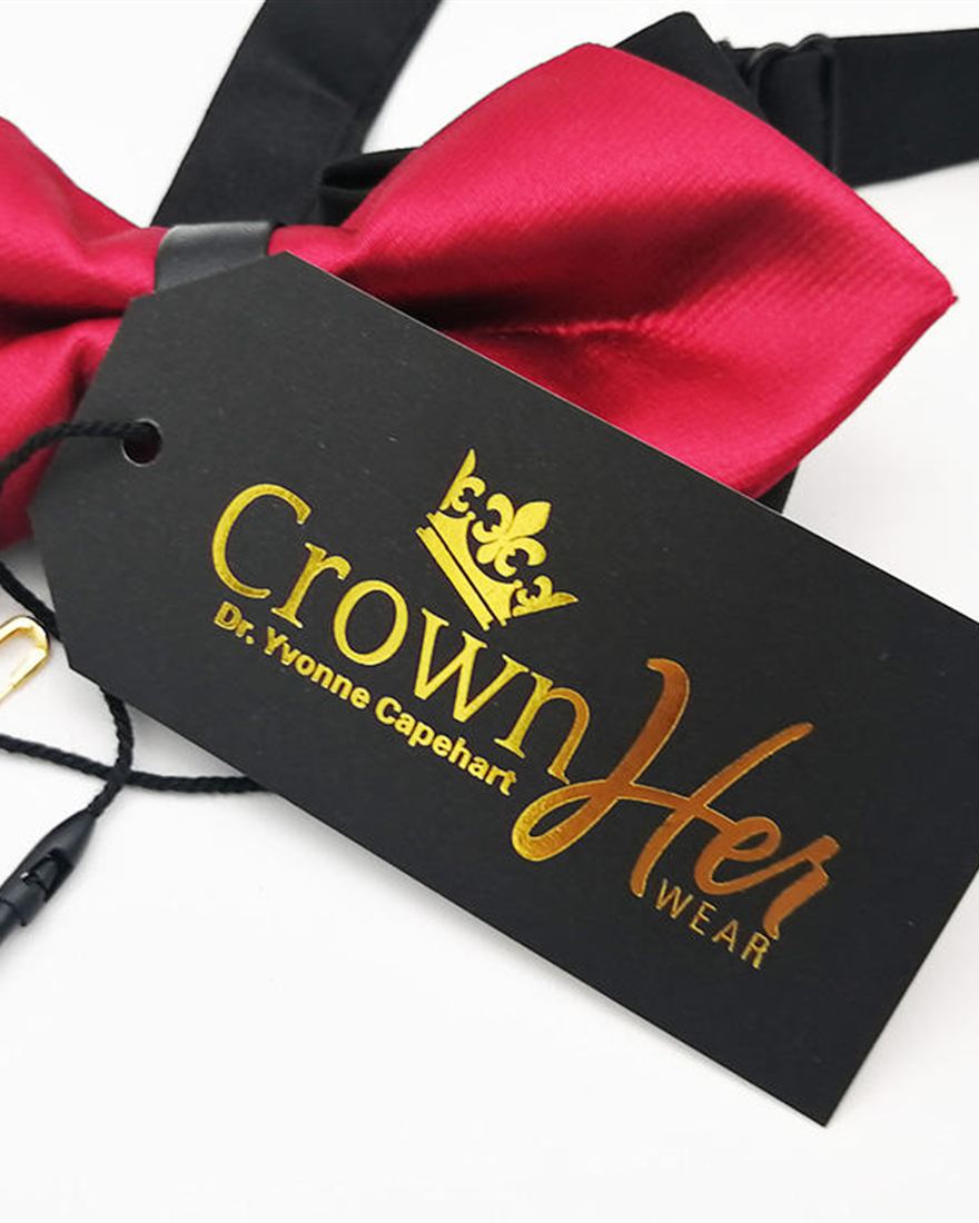 Custom gold foil hang tag on black card stock